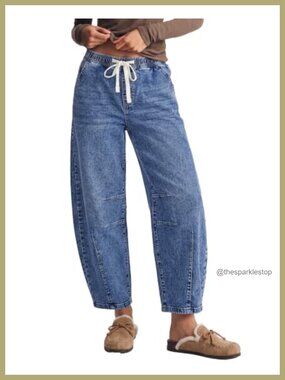 High Rise Barrel Jeans Pull On Elastic Waist Crop Denim Pants